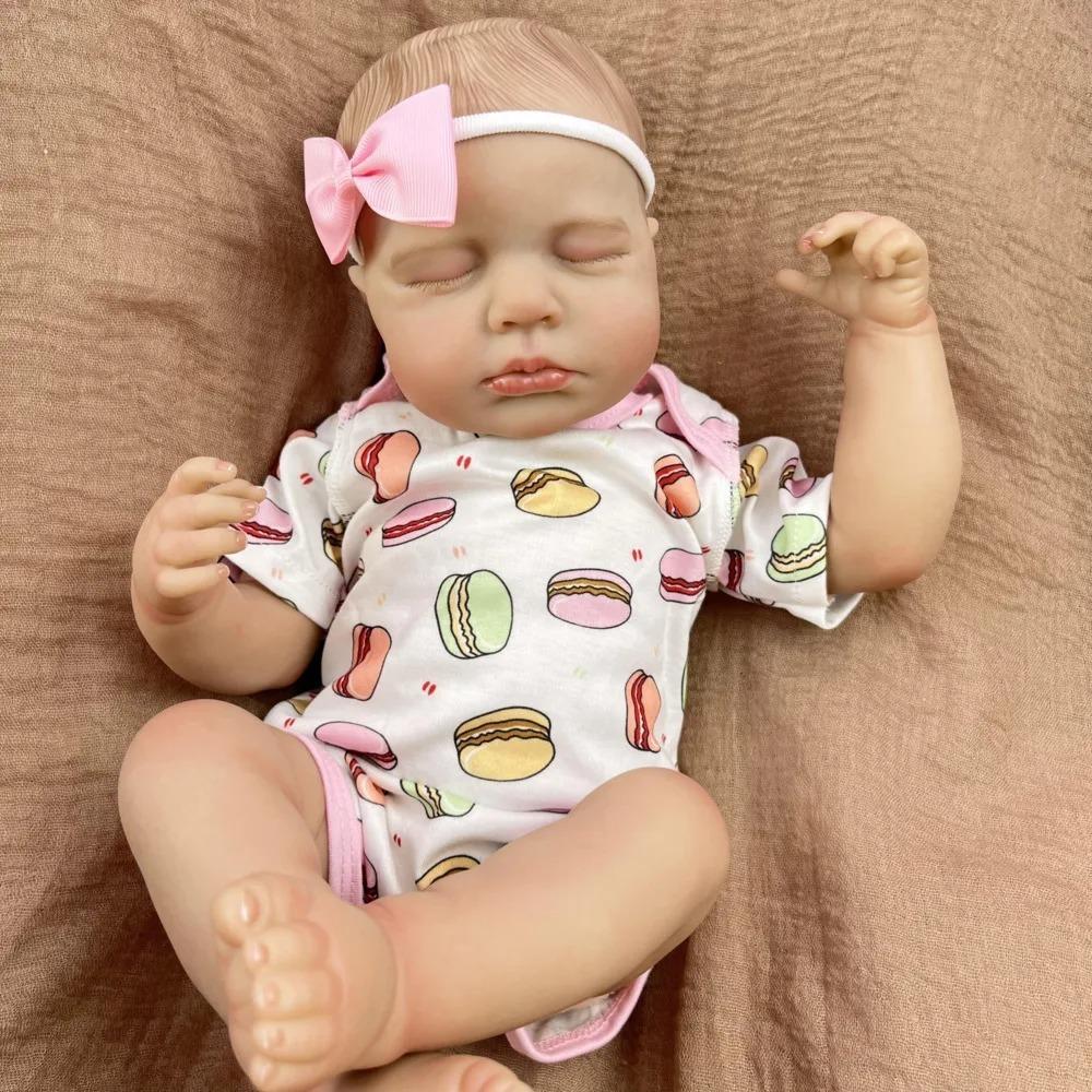 48cm Full Vinyl/Cloth Body Optional Reborn Dolls LouLou Cute Lifelike Closed Eyes Sleeping Simulation Doll Hand Painted Hair Rebirth Doll for Kid Gift cloth body
