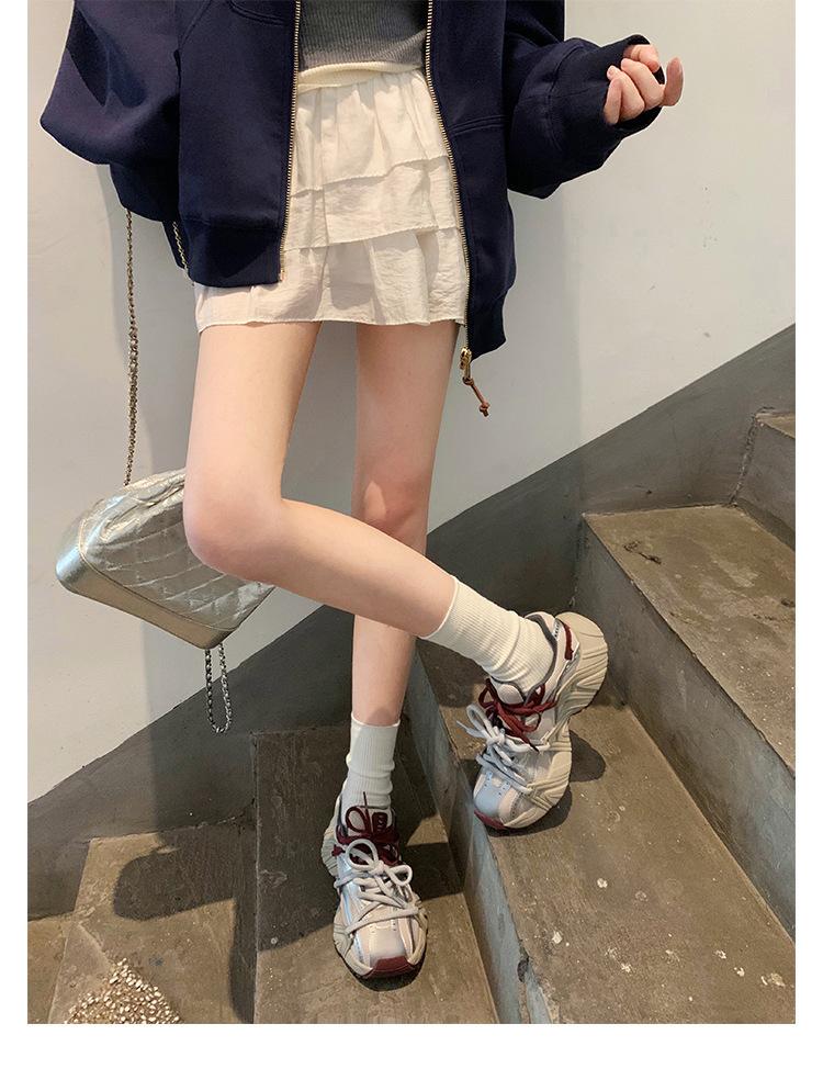 Sheepskin version~ fashionable mesh splicing thick-soled heightening sports and leisure shoes dad shoes women's new leather muffin shoes