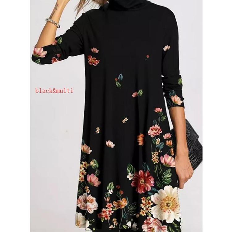 Vintage Zimní Rolákový Svetr Šaty Ženy Elegantní Patchwork Dlouhý Rukáv Volné Ležérní Teplé Vestidos Dámský Potisk