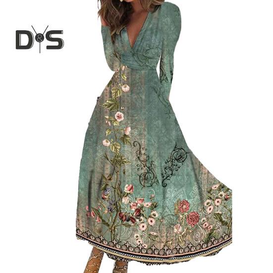 Women Elegant Floral Print Maxi Dress V neck Long Sleeve High Waist Gown Dress A Line Long Dress Streetwear