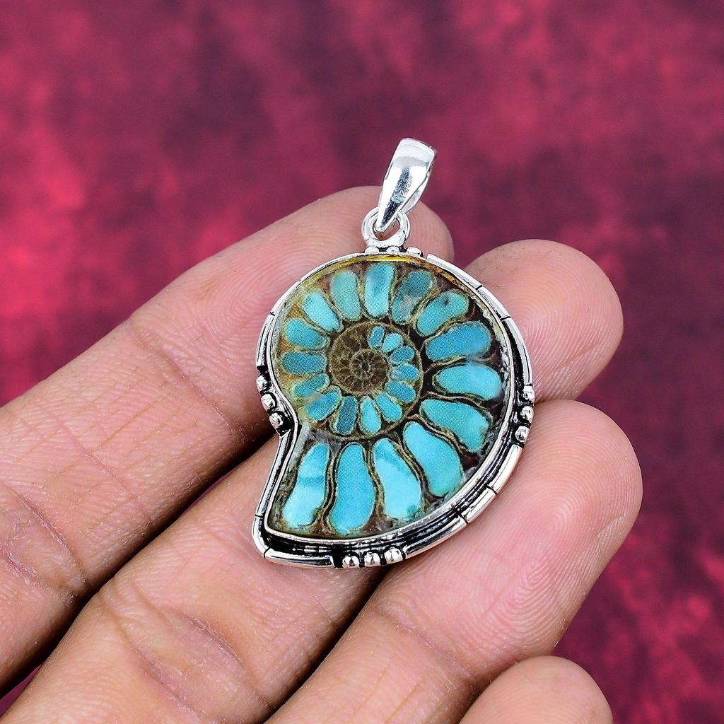 Blauer Ammonit Fossil Handgefertigter Silberanhänger, 925 Sterlingsilber Boho Anhänger, Schöner Rutil Edelstein Anhänger Geschenk für die Liebe