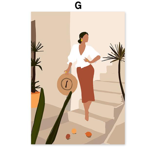 Abstract Girl Monstera Leaf Boho Vintage Nordic Posters And Prints Wall Art Canvas Painting Wall Pictures For Living Room Decor