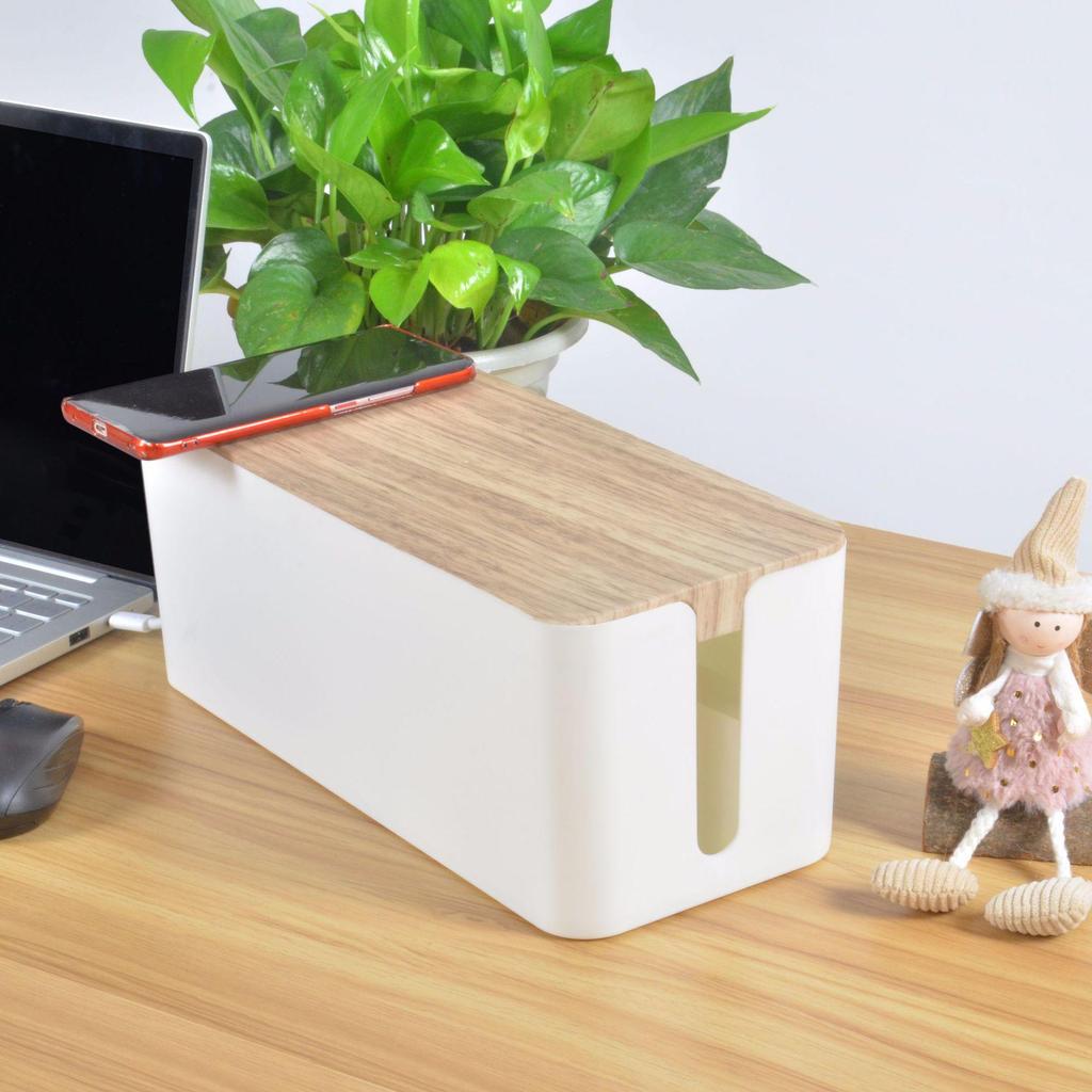 "Wood Grain Multi-Function Desktop Cable Organizer Box"