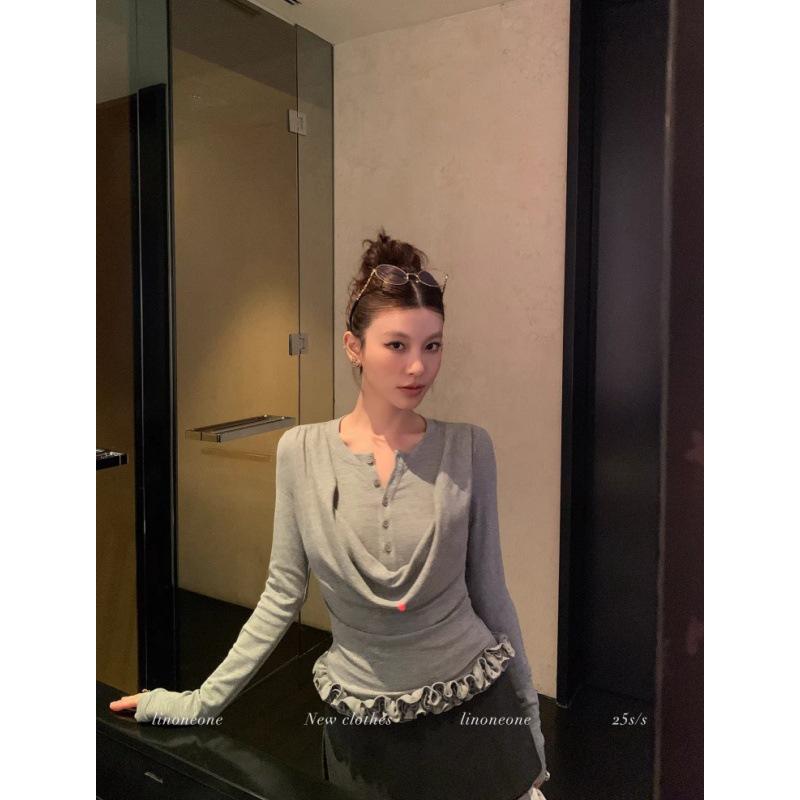 260g Cotton Modal Women s Long-Sleeve Button-Up Ruffle Top for Autumn/Winter Extra Large серый