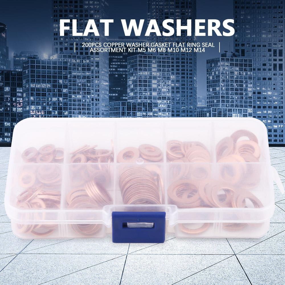 200pcs Copper Washer Gasket Flat Ring Seal Assortment Kit M5 M6 M8 M10 M12 M14