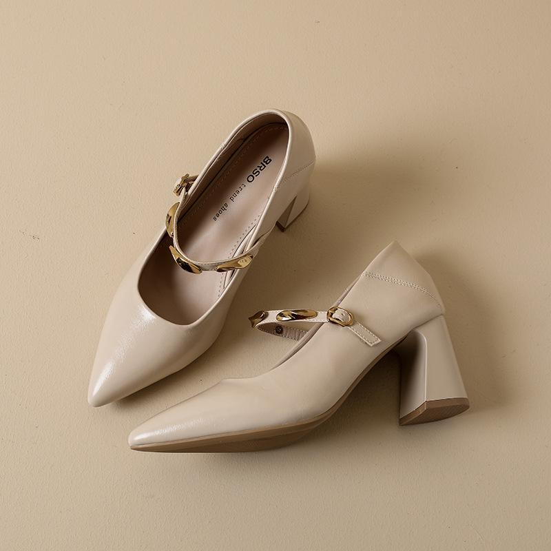 Französische spitze Zehen flacher Mund einzelne Schuhe Damen 2025 neu Frühling und Herbst Metall Ein-Wort-Riemen kleine Lederschuhe dicker Absatz Pendler hig