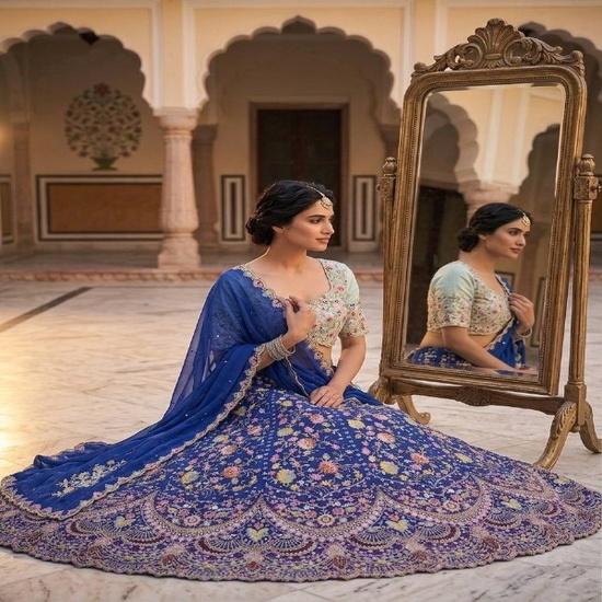 Royal Blue Floral Embroidered Lehenga Set