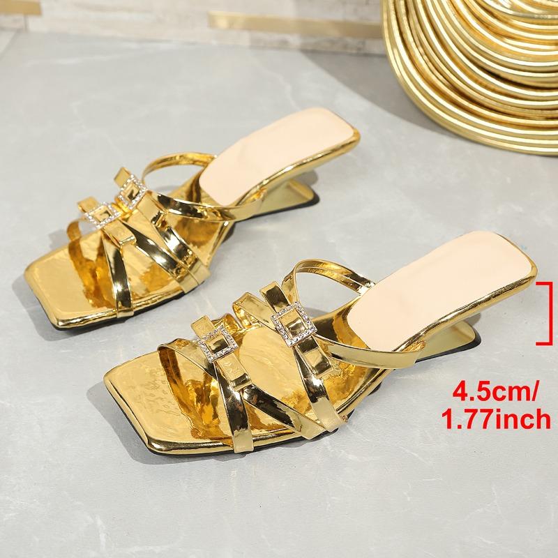 

2026 Summer New Shaped Heel One Buckle Strap Square Toe Open Toe Rhinestone Outside High Heels 41 золотий
