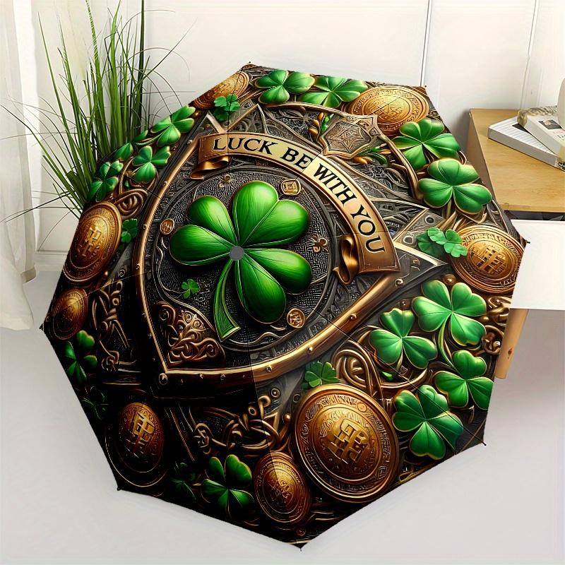 Four-Leaf Clover Luck Charm Decorative Plaque Umbrella, Cute Umbrella with Cute Design, Portable 3-Fold Compact Umbrella for Men & Women, Valentine s
