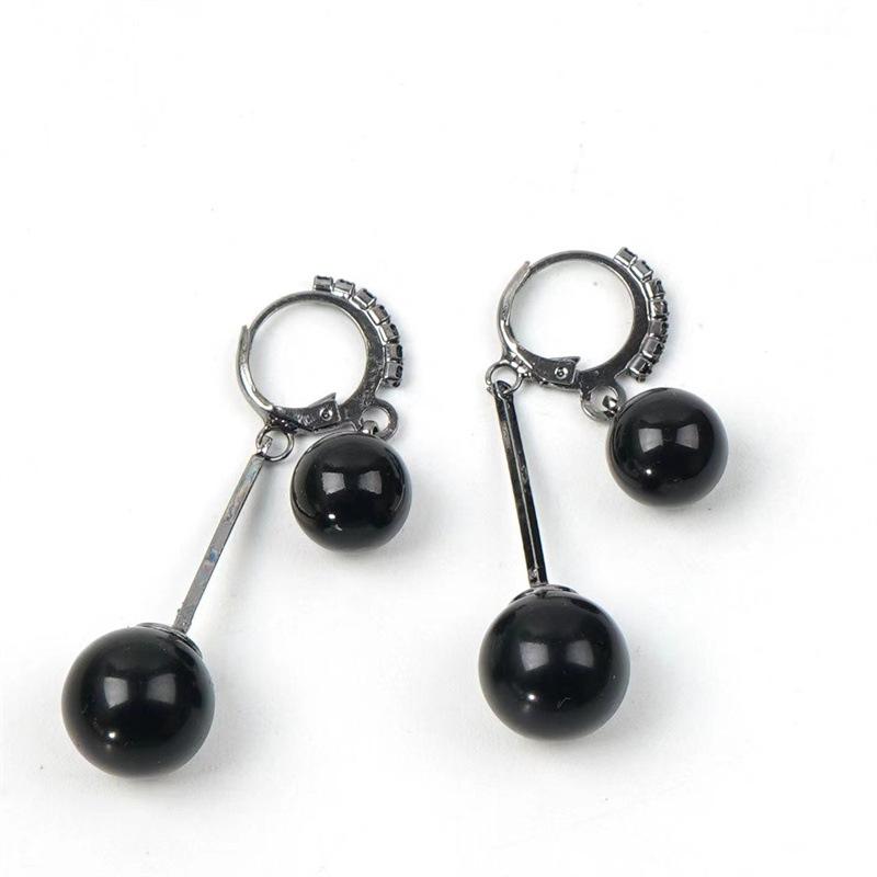 Korean Black Tassel Round Bead Earrings with Rhinestone Ear Cuffs - High-End Versatile Fashion