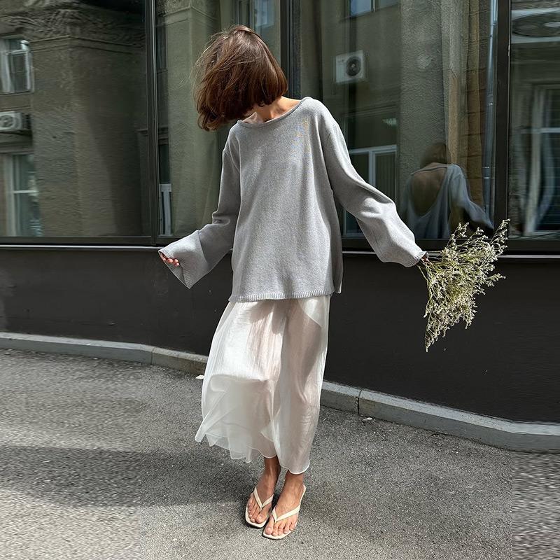 Cotton Pullover Overzie Sweater Women's Sexy Backless Loose Knit Sweater Round Neck Flared Sleeve Solid Color Pull Jumper Autumn/Winter 2025