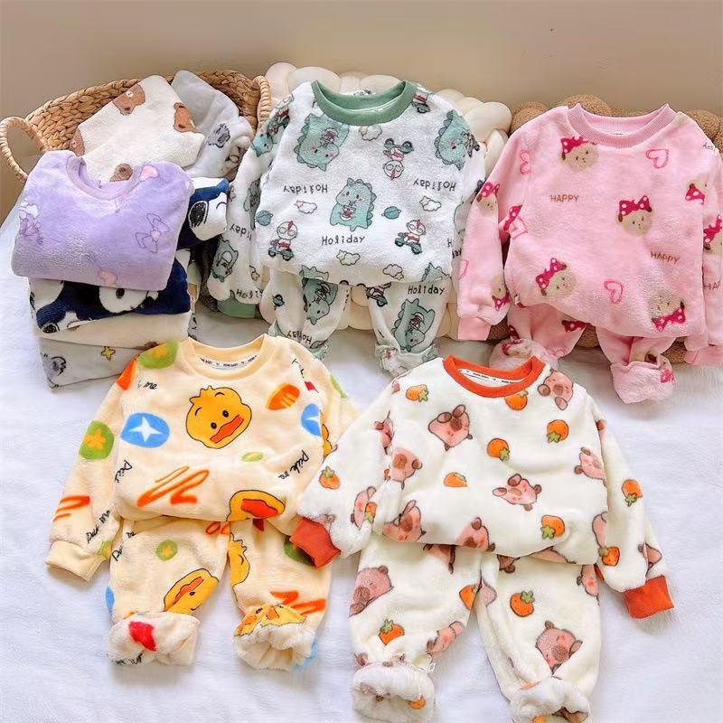 Children's Coral Fleece Flannel Pajamas - Cartoon Round Neck, Thickened Velvet Set for Boys, Girls, Babies