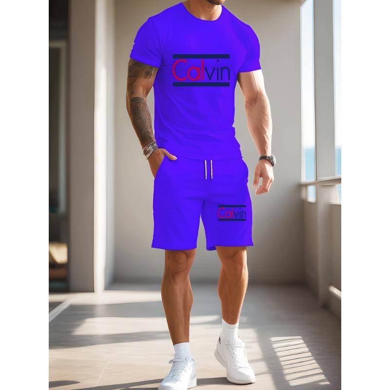 Nuovo Completo Sportivo Casual a Maniche Corte da Uomo T-shirt Girocollo e Pantaloncini con Coulisse Set Stampato Stile Regolare