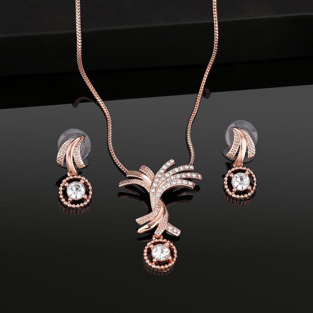 Estele Women Designer Rose Gold Plated Palm Tree Crystal Necklace Set