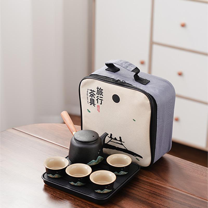 Black Pottery Travel Kung Fu Tea Set Portable Household Outdoor Ceramic Tea Pot Drinking Tea Cup Dry Brewing Plate Small Set