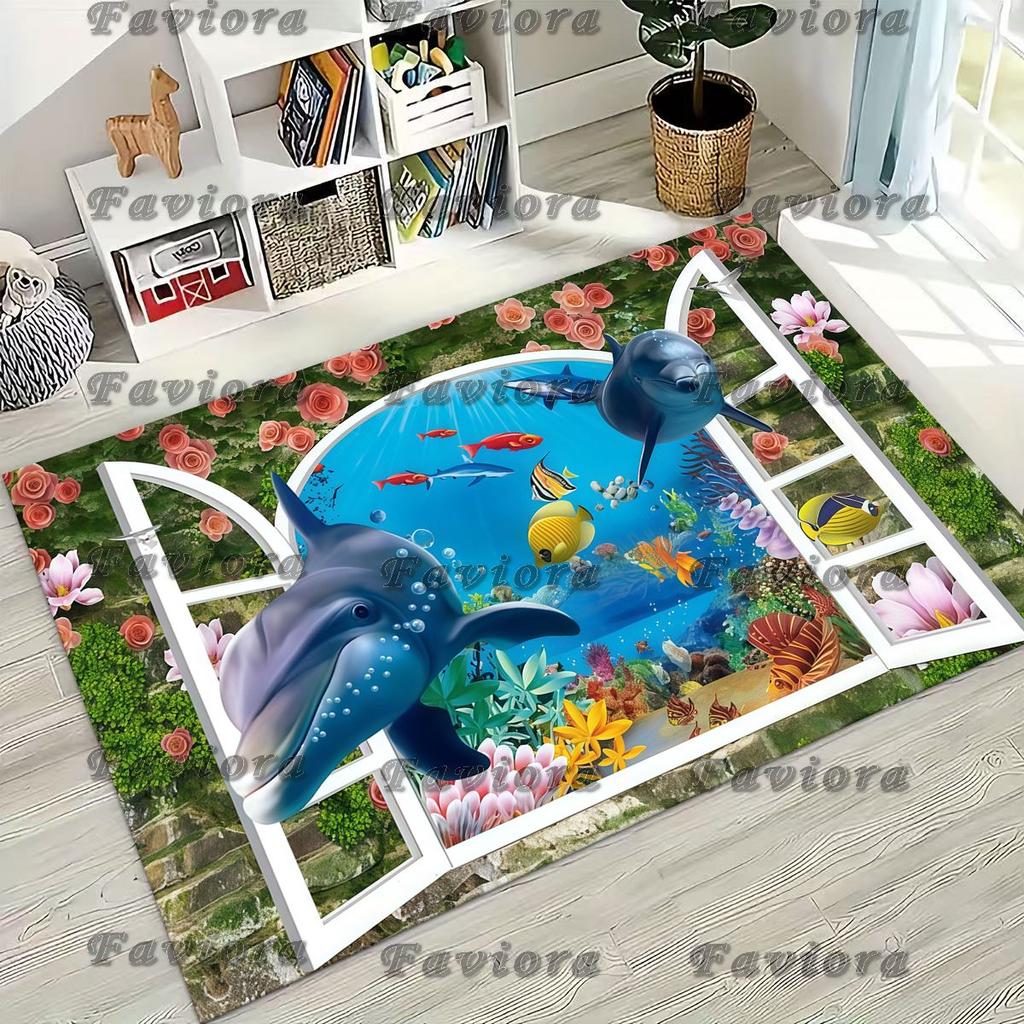 27 Style 3D Illusion Sea Underwater World Dolphin Rug for Bedroom Living Room Sofa Home Doormat Decor, Kids Non-slip Floor Mat