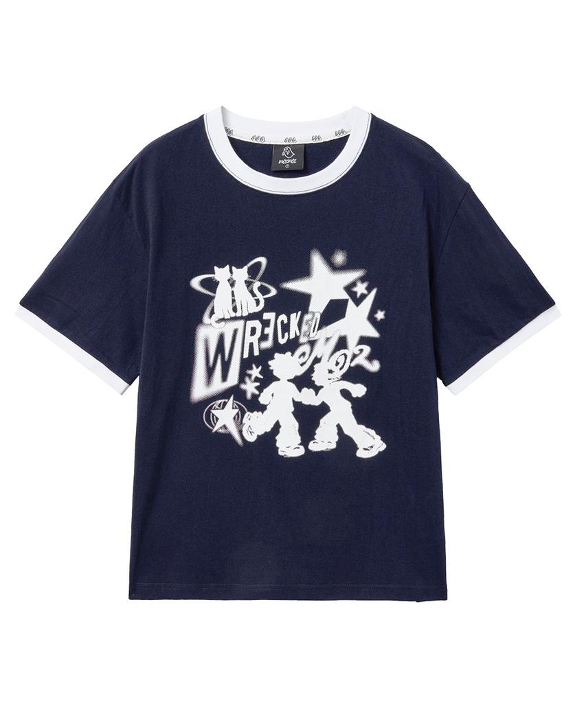 MOZMOZ Wicked Graphic Ringer T-Shirt Navy