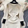 Autumn Women O Neck Long Sleeves Buttons Chain Pockets Knitted Sweater Dress Elegant Skinny Sheath Bodycon Dresses