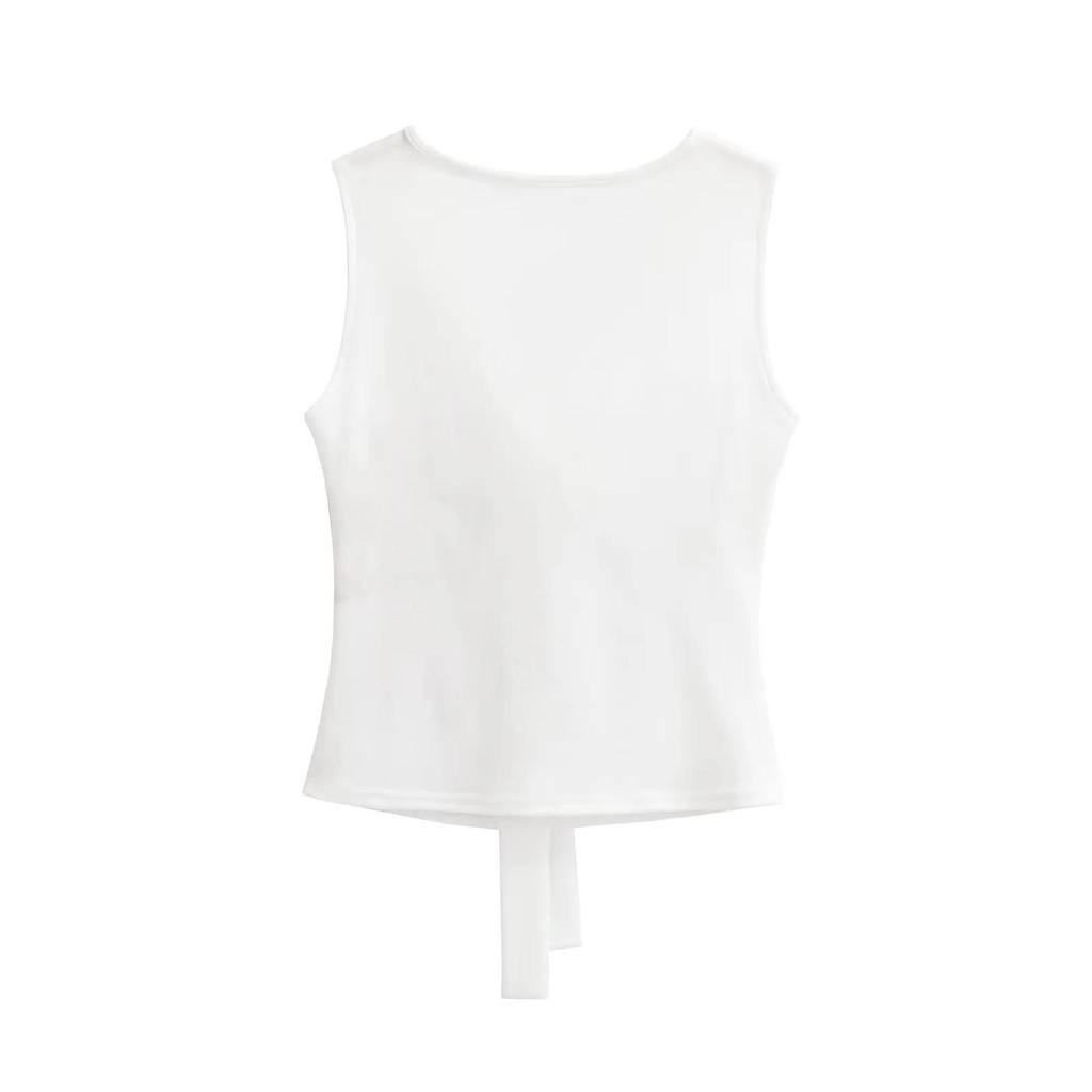 Women's V-Neck Lace Patchwork Tie-Up Cropped Tank Top