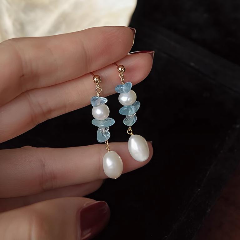 Haifengyin natural aquamarine freshwater pearl stud earrings retro light luxury high sense gentle temperament niche earrings