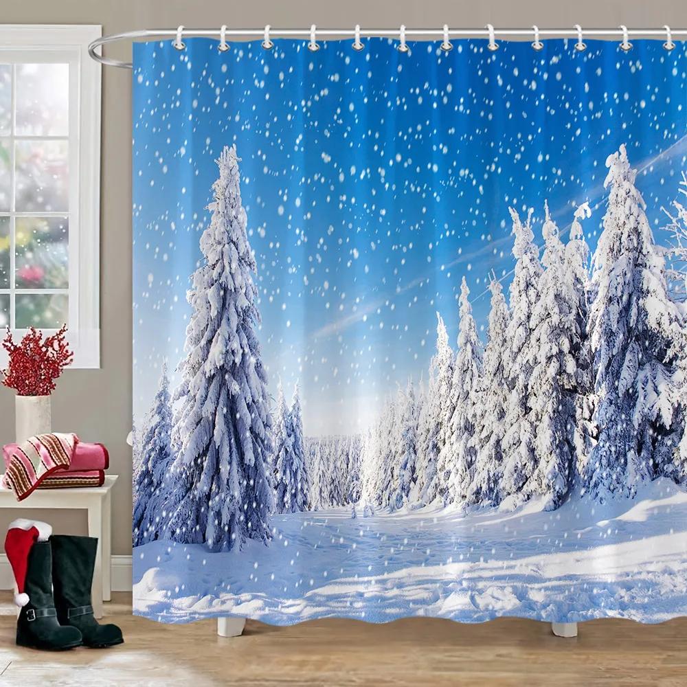 Winter Outdoor Forest Snow Shower Curtain Simulation Window Landscape Polyester Fabric Water Shower Curtains Bathroom Decoration