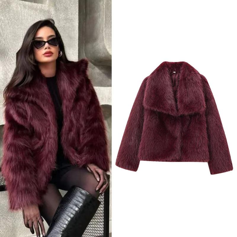 Women Fashion Cropped Faux Fur Jacket Coat Long Sleeve Front Snap-button Female Outerwear Chic Lapel Collar Thick Coat