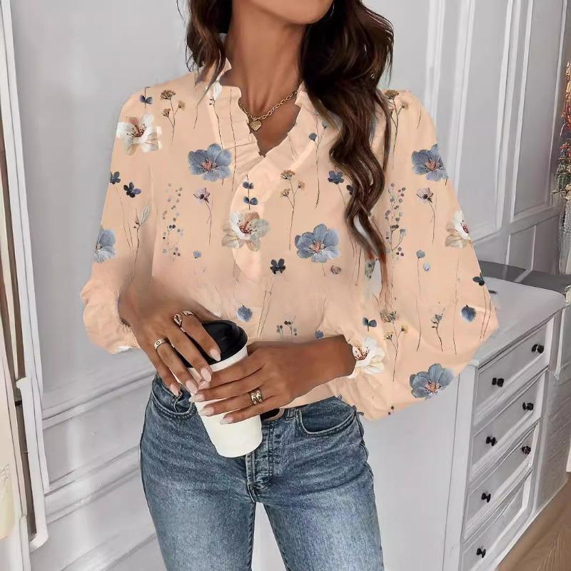 Móda Vintage Květinová Volná Košile s Dlouhým Rukávem Dámská Volánkový V-výstřih Potisk Ležérní Halenky pro Ženy Elegantní Slim Fit Jednoduché Košile pro Kancelářské Dámy 26502
