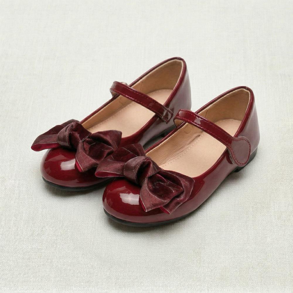 Burgundy Patent Leather Girls Bow Princess Shoes - Retro Flats for Spring/Summer 28 кларет