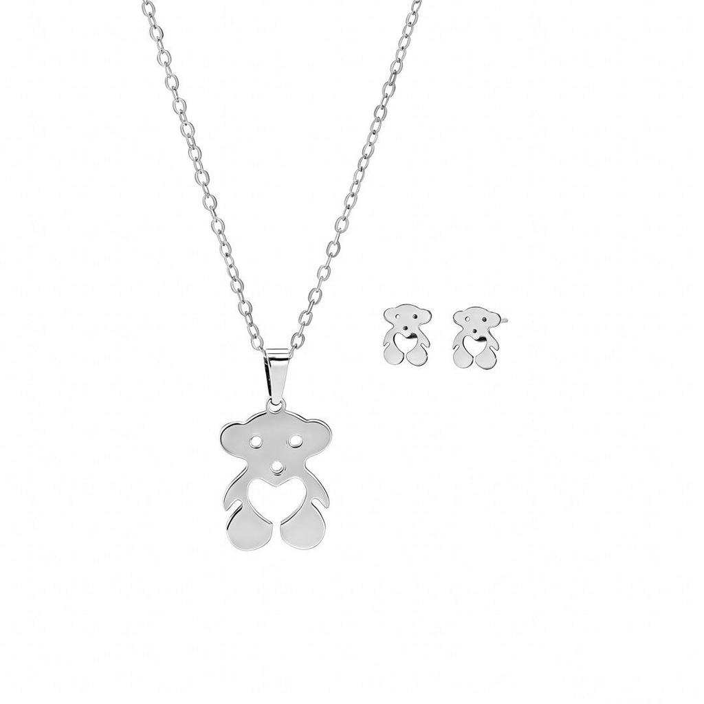 Cute Panda Pendant Necklace & Earrings Set - Teddy Heart Bear Clavicle Chain