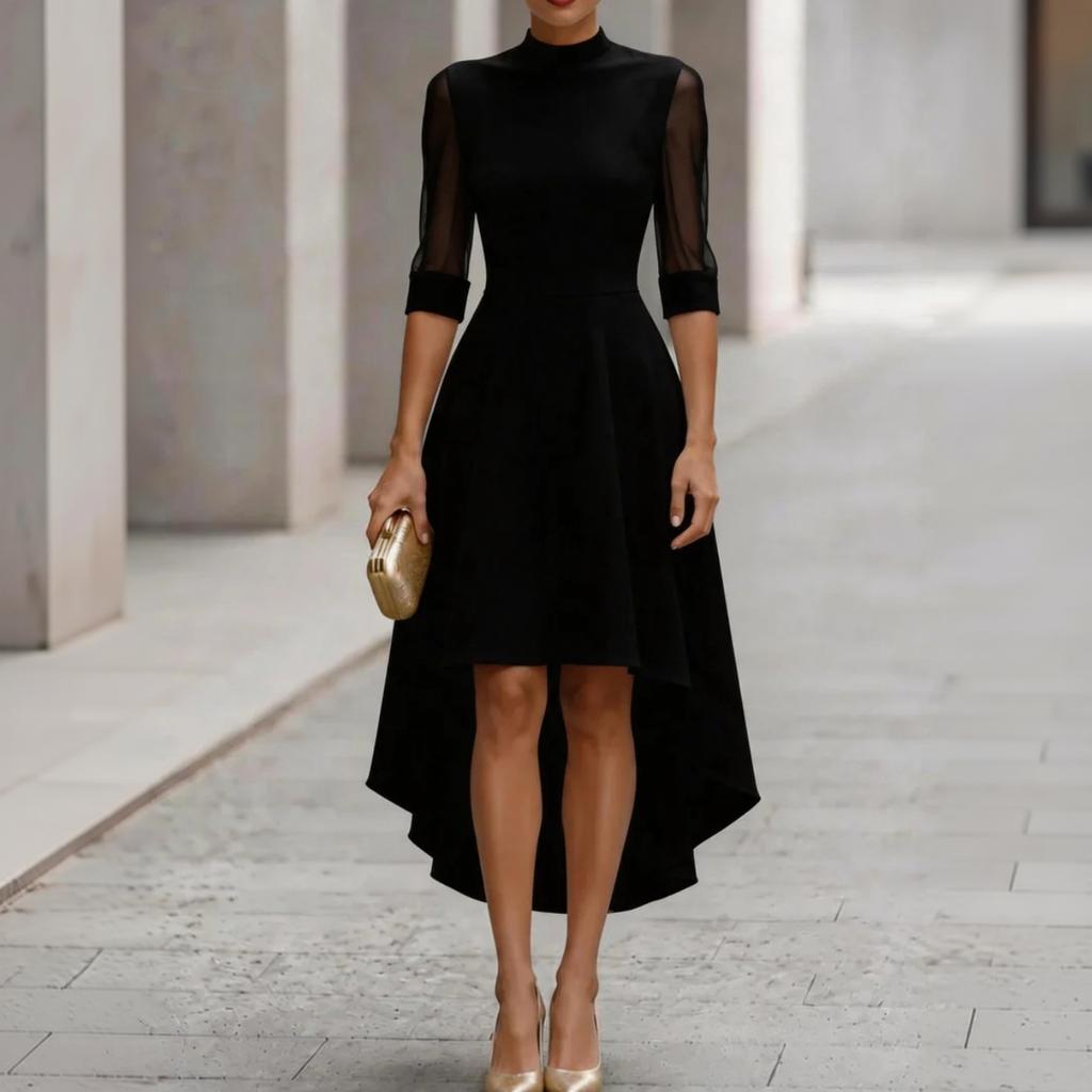 Women's Color Mesh Cocktail Dress with Mock Neck, Three-Quarter Sleeves and Asymmetric Hem for Evening Party