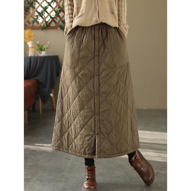 Vintage Diamond-Quilted Padded Winter Skirt with Pockets - Slimming, Warm, and Versatile Cotton Half Skirt for Women