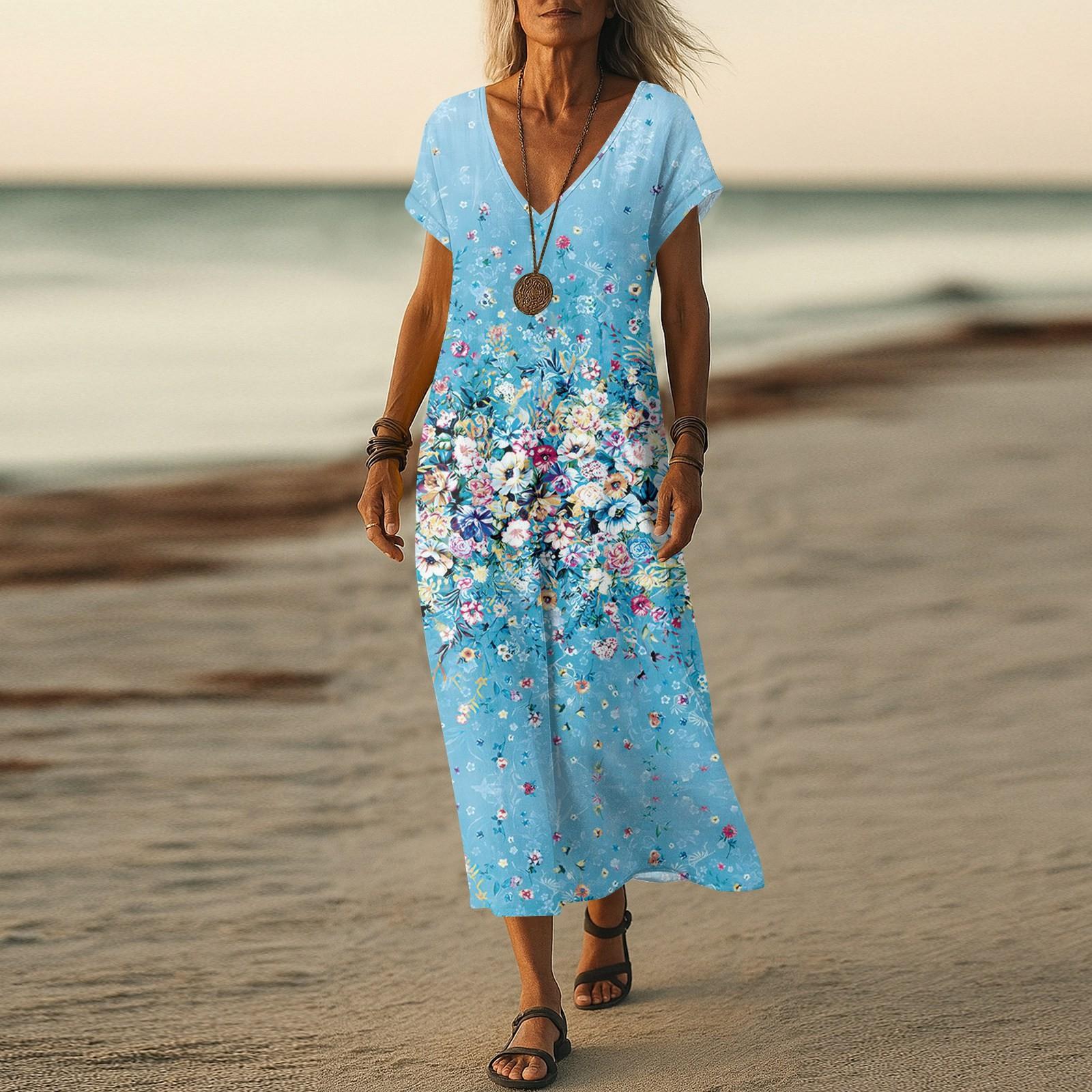 

Summer Dress Women s Long Boho Beach Dress Elegant Maxi Dress V-Neck Short Sleeve Summer Tunic Dress Light Airy XL небо синє кольору