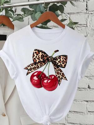 Tricou de damă la modă cu imprimeu cireșe, mânecă scurtă, gât rotund, topuri casual pentru vară, primăvară, îmbrăcăminte pentru femei, topuri, tricouri