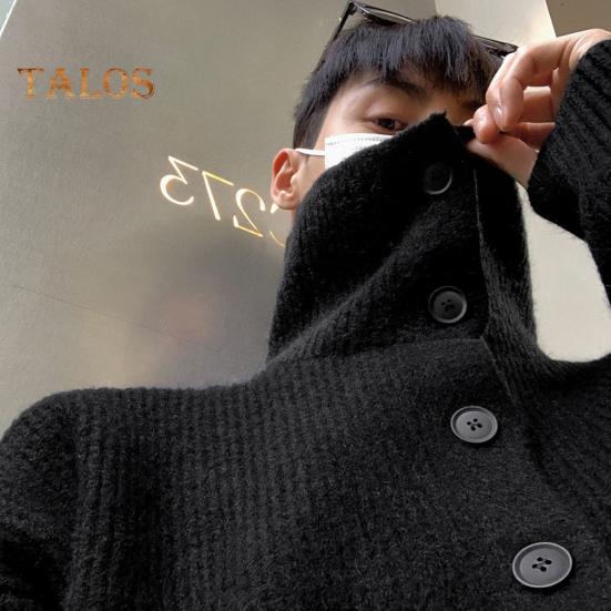 Fall Winter Men Sweater Cardigan High Collar Neck Protection Knit Thick Elastic Long Sleeves Loose Warm Solid Color Knitwear Daily Wear Sweater Coat