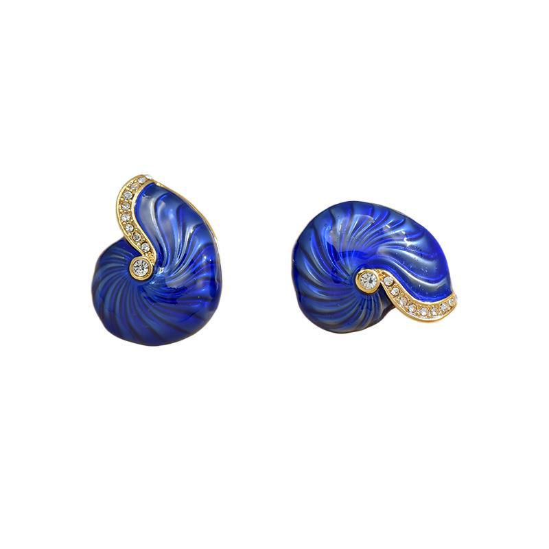 Antique Blue Enamel Conch Earrings In Oil Painting Style - Chinese Retro Inspired Fashion Jewelry