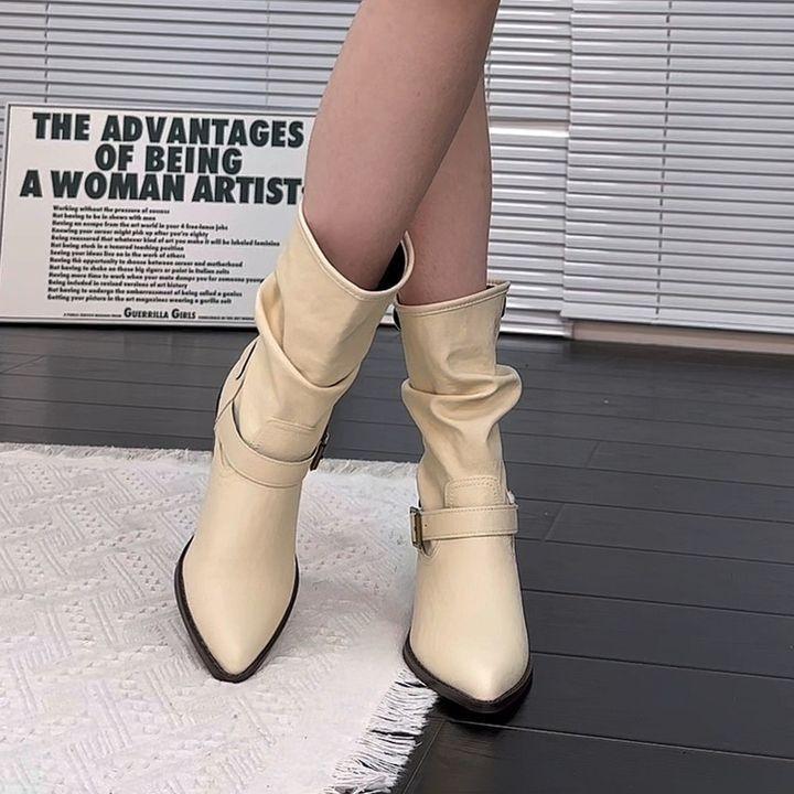 Korean Atmosphere, White High-heeled Thin Short Boots, Women's Autumn and Winter Versatile Pointed Boots, Absolutely Unique, Thick-heeled Medium Boots