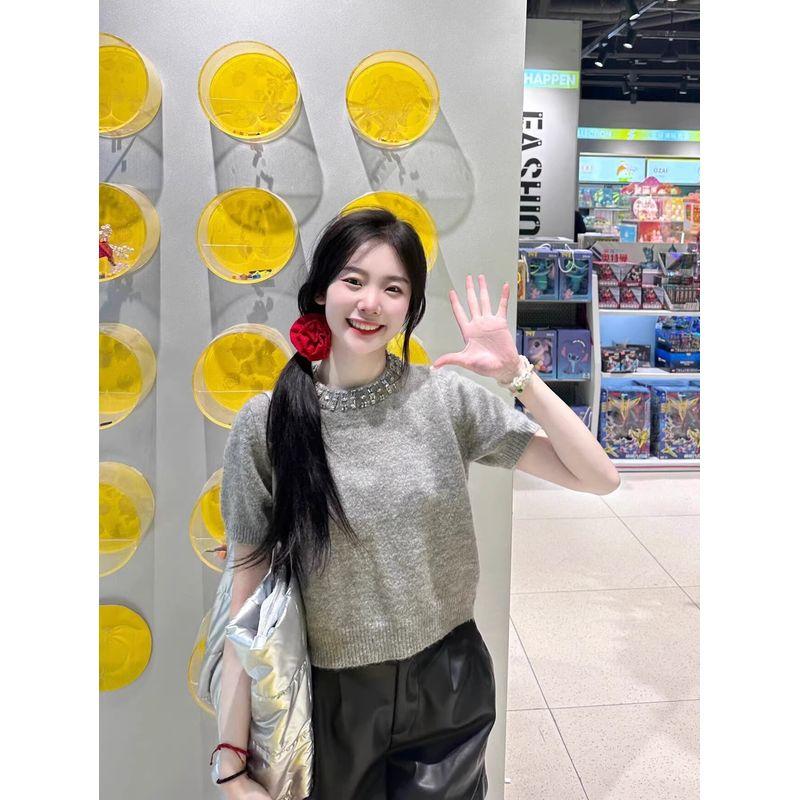 

Miu Серый свитер с круглым вырезом и коротким рукавом с отделкой стразами Женский летний свободный милый универсальный омолаживающий шерстяной топ Grey M [Suggested 45.00 kg-52.50 kg]]