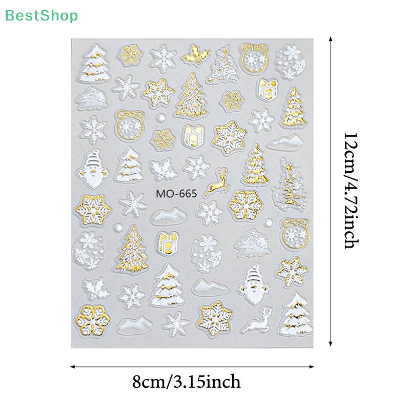 Christmas Tree Bronzing Nail Stickers,3D Relief White Snowflake Round Wreath DIY Wearable Nail Decorations
