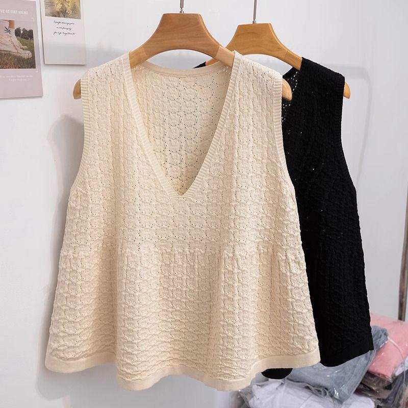 Plus-Size French Hollow V-Neck Sleeveless Camisole - Summer Loose Fit, 2-300 Jin Women's Top