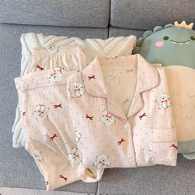 Polka Dot Pajamas Women'S Spring Long-Sleeved Trousers Pink Puppy Cartoon Can Be Worn Outside Loungewear Set