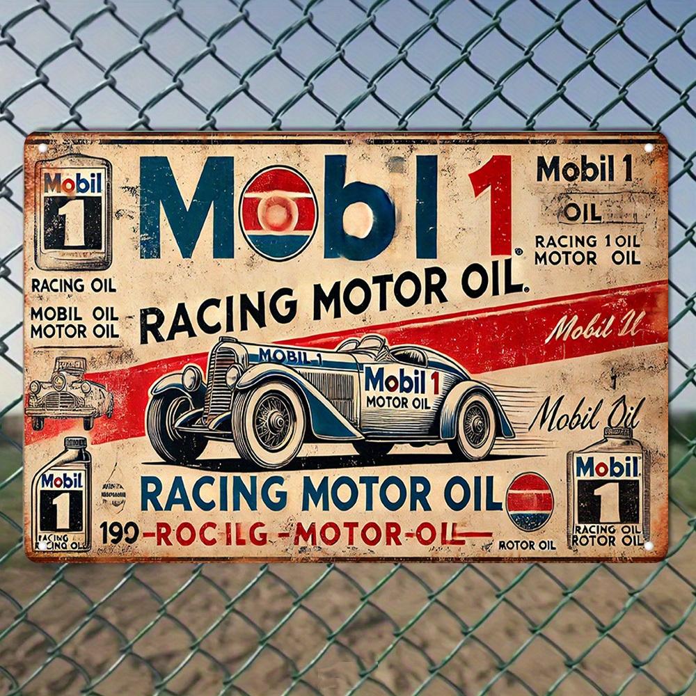 

2D Flat, Vintage Mobil 1 Racing Motor Oil Metal Tin Sign - Rustic Iron Wall Art with Classic Car Design, Red & White Retro Decor 20X30CM