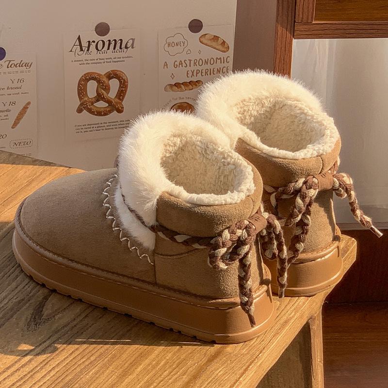 24 nowe zimowe bawełniane kapcie all-inclusive na grubej podeszwie, aksamitne śniegowce, paski z kokardami, do noszenia na zewnątrz, podwyższające, ciepłe bawełniane buty