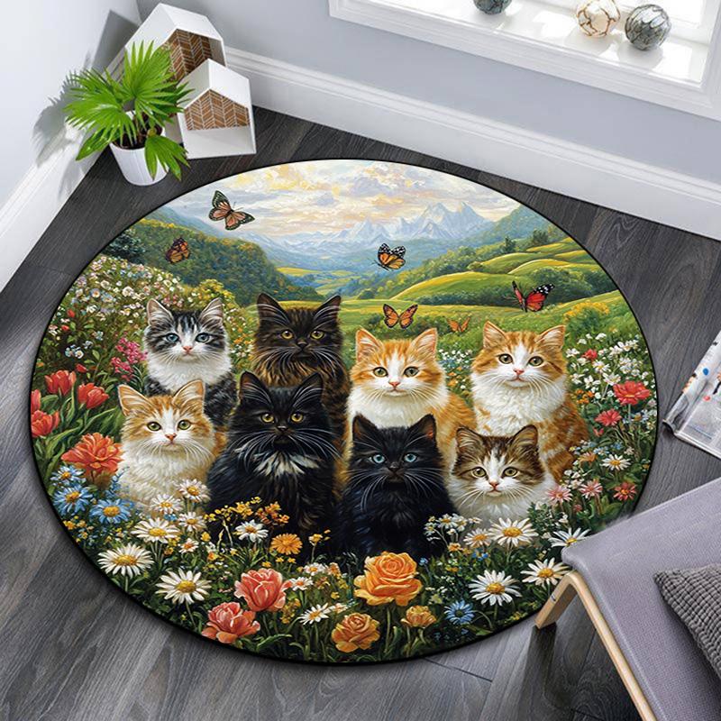 Cats In a Garden Round Area Rug,Carpet Rug for Living Room Bedroom Sofa Playroom Decor,Non-slip Floor Mat