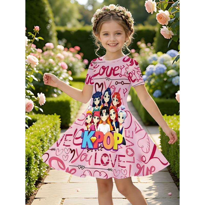 Girls Summer Clothes Kpop Cartoon Graphic Print Dress for Girls Funny Gift for Fan Harajuku O-Neck Short Sleeve Children's Dress