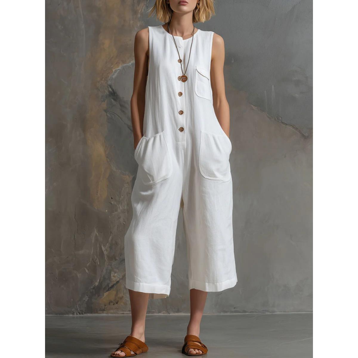 Women s Sleeveless Half Button Pocket Linen Blend Cropped Wide Leg Jumpsuit S
