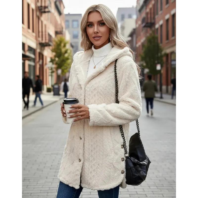 Women's Solid Color Long Sleeve Casual Button Hooded Jacket