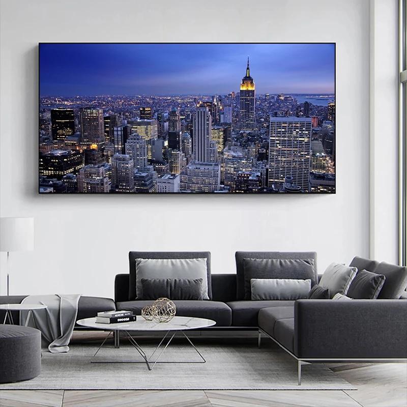 New York City Sunset And Night View Poster Canvas Painting Skline Manhattan Landscape Wall Art Pictures Living Room Home Decor