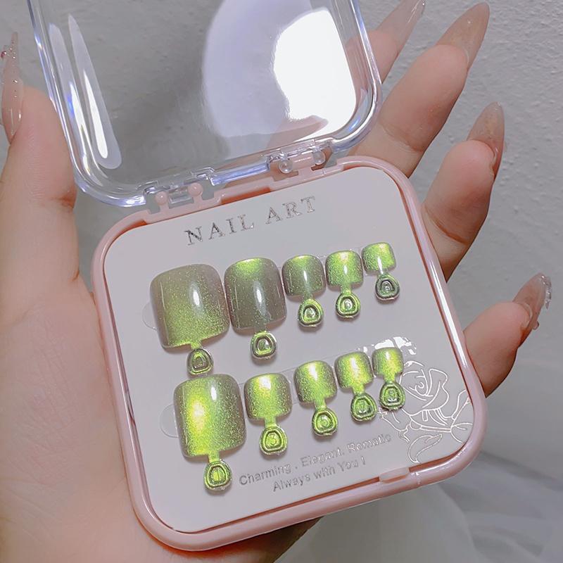 10Pcs/Box  Cat Eye Shining Diamond Toe False Nail Handmade Wearing Armor Short Press On Nails For Toes Faux