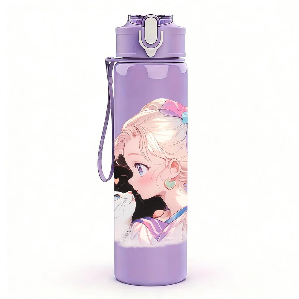 1PC Pastel Anime Girl Character Print 750ml Color Plastic Sports Water Bottle Leakproof Flip Straw Lid Suitable for Sports Office Home Use