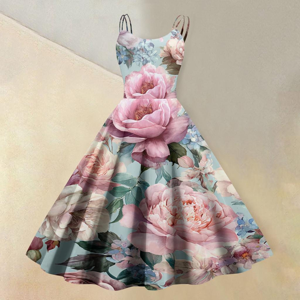 Women's fashionable casual floral print round neck sleeveless dress